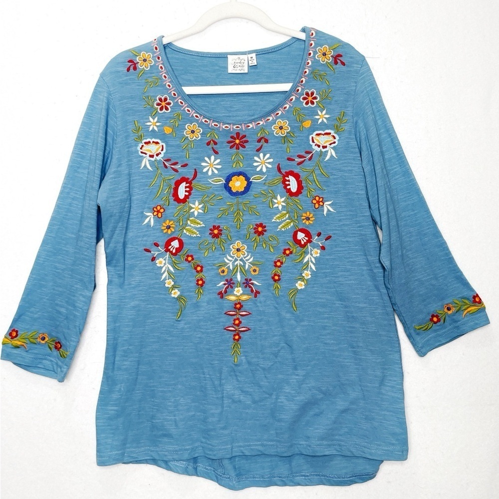 Parsley & Sage Blue Cotton Floral Embroidered Top 3/4 Sleeves Boho